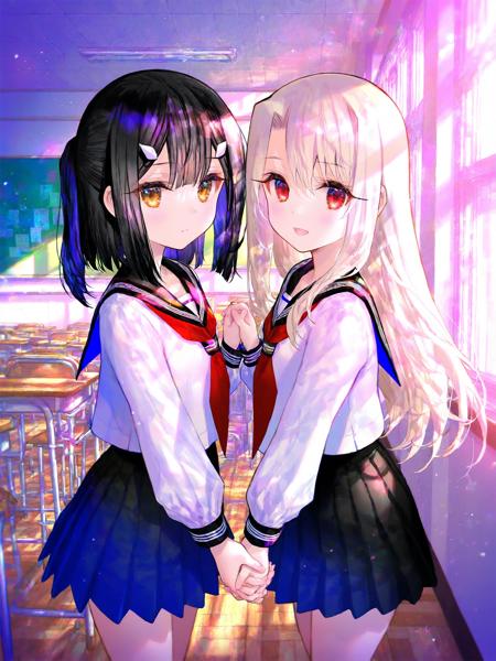 00973-4-2 girls, illyasviel von einzbern, miyu edelfelt, looking at viewer, holding hands, standing,_white shirt, serafuku, black pleate.png